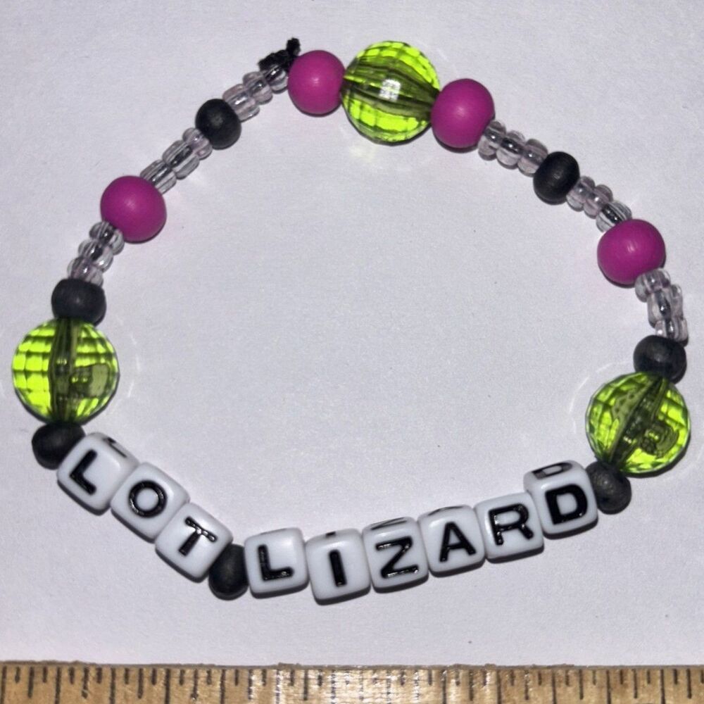 Lot Lizard Beaded Stretch Bracelet Pink Green Y2K Handmade Adult Humor Jewelry